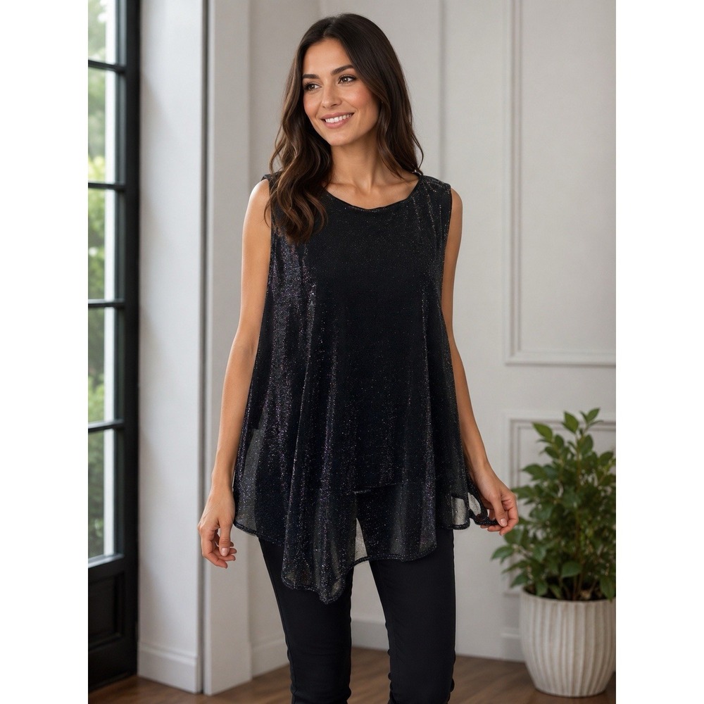 NWT VTG Onyx Nite Black Silver XL Metallic Shimmer Open Side Poncho Tunic Top